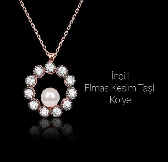 925 Ayar Gümüş İncili Elmas Kesim Kolye